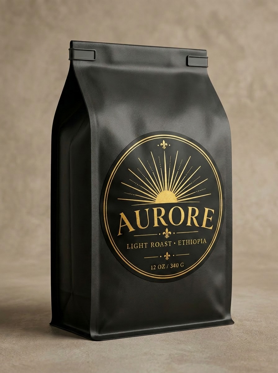 Aurore — Light Roast coffee bag in matte black with gold D La Coffee monogram