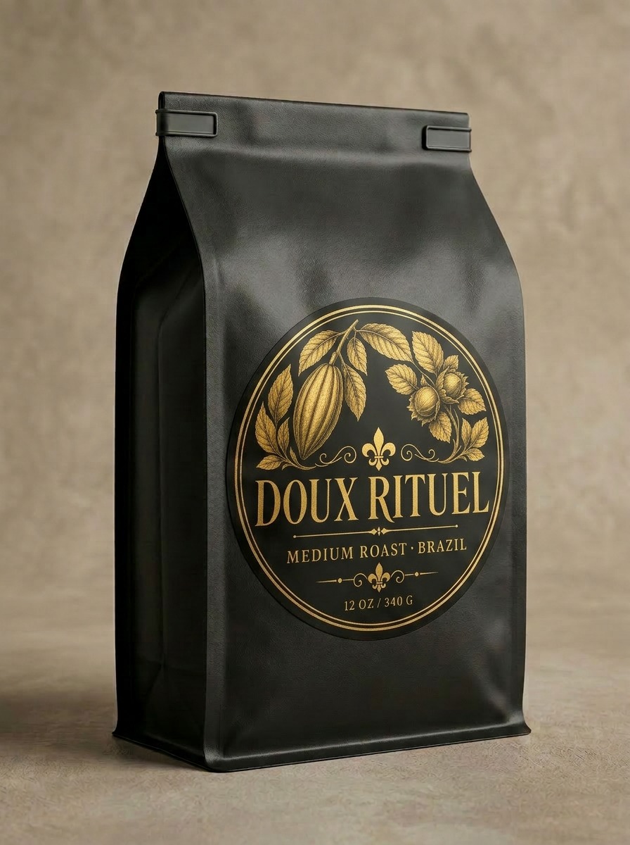 Doux Rituel — Medium Roast coffee bag in matte black with gold D La Coffee monogram