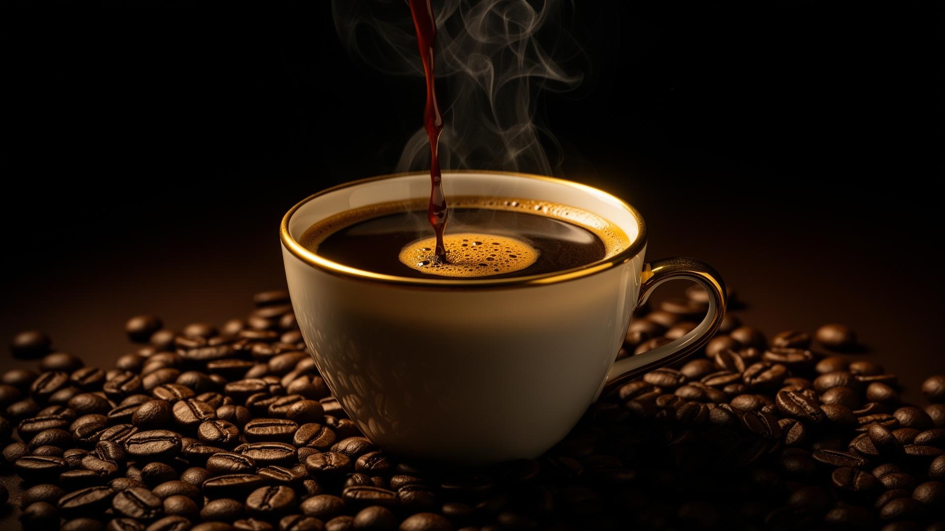 Espresso pouring into a gold-rimmed cup